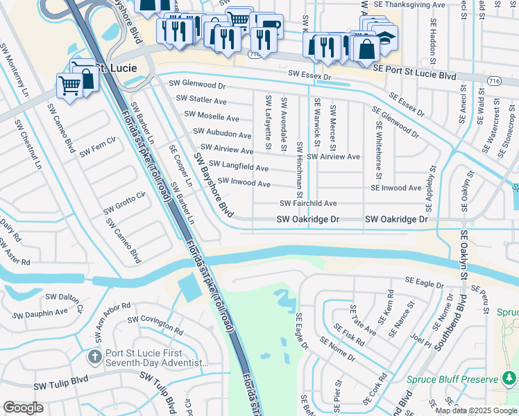 map of restaurants, bars, coffee shops, grocery stores, and more near 282 Southwest Fairchild Avenue in Port St. Lucie