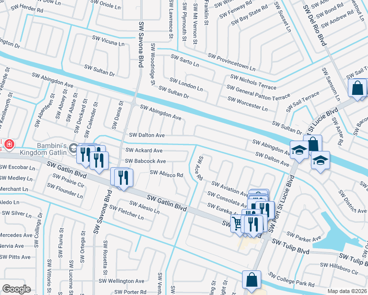 map of restaurants, bars, coffee shops, grocery stores, and more near 1105 Southwest Ackard Avenue in Port St. Lucie