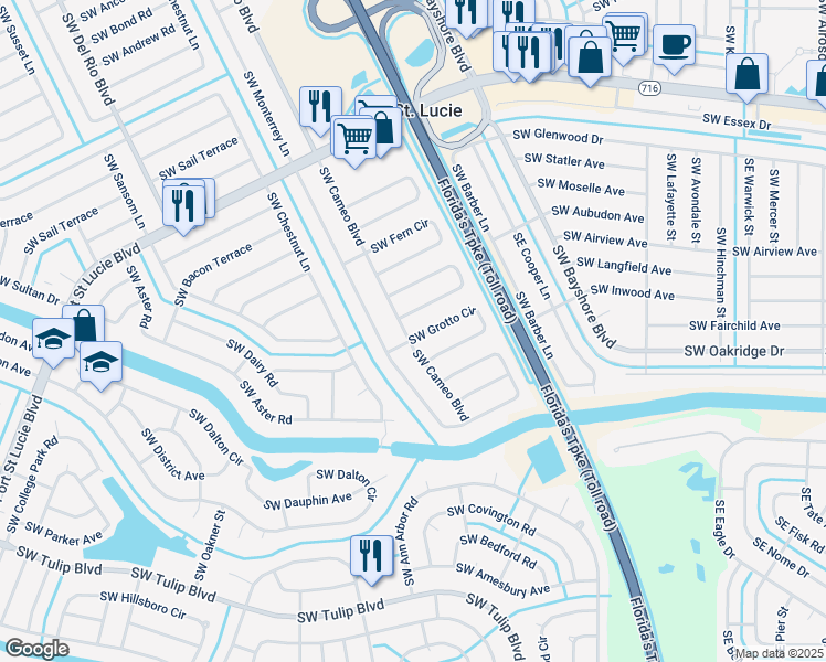 map of restaurants, bars, coffee shops, grocery stores, and more near 2585 Southwest Cameo Boulevard in Port St. Lucie