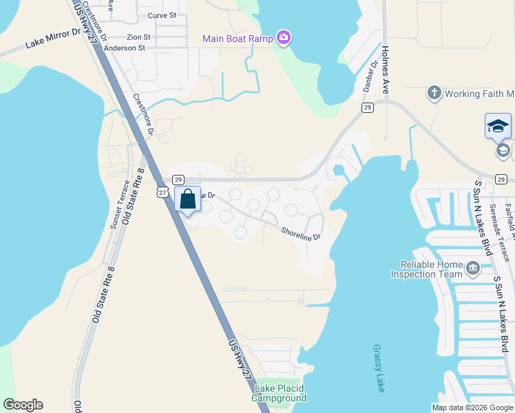 map of restaurants, bars, coffee shops, grocery stores, and more near 11 Oak Ridge Circle in Lake Placid