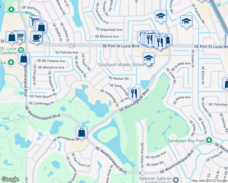 map of restaurants, bars, coffee shops, grocery stores, and more near 2526 Southeast Petit Lane in Port St. Lucie