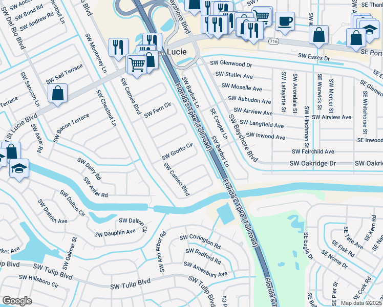 map of restaurants, bars, coffee shops, grocery stores, and more near 2572 Southwest Grotto Circle in Port St. Lucie