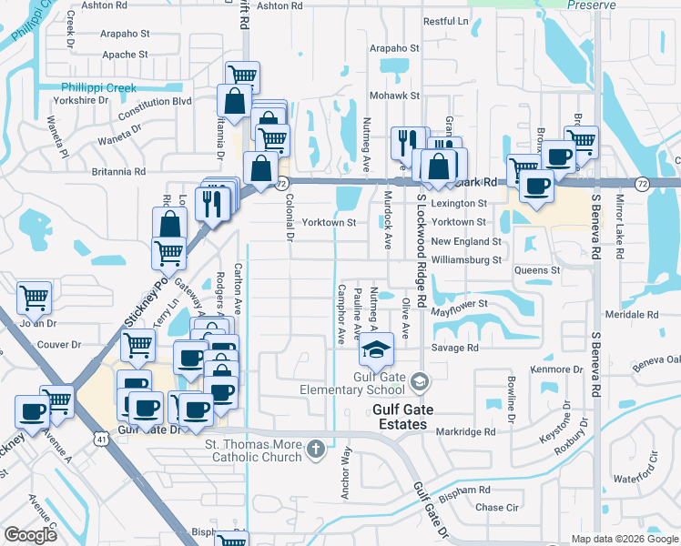 map of restaurants, bars, coffee shops, grocery stores, and more near 3017 Concord Street in Sarasota