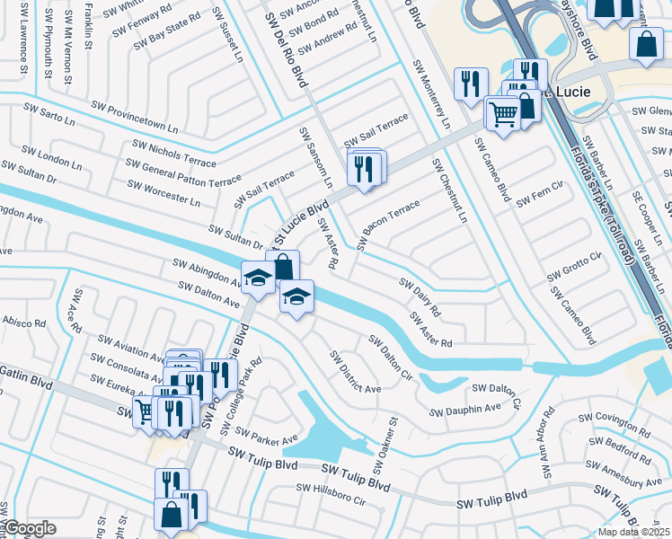 map of restaurants, bars, coffee shops, grocery stores, and more near 701 Southwest Aster Road in Port St. Lucie