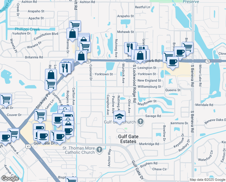map of restaurants, bars, coffee shops, grocery stores, and more near 3035 Concord Street in Sarasota