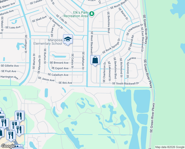 map of restaurants, bars, coffee shops, grocery stores, and more near 2549 Southeast West Blackwell Drive in Port St. Lucie