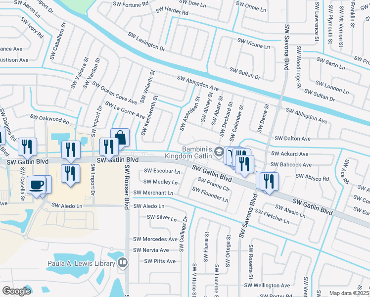 map of restaurants, bars, coffee shops, grocery stores, and more near 1468 Southwest Gilroy Road in Port St. Lucie