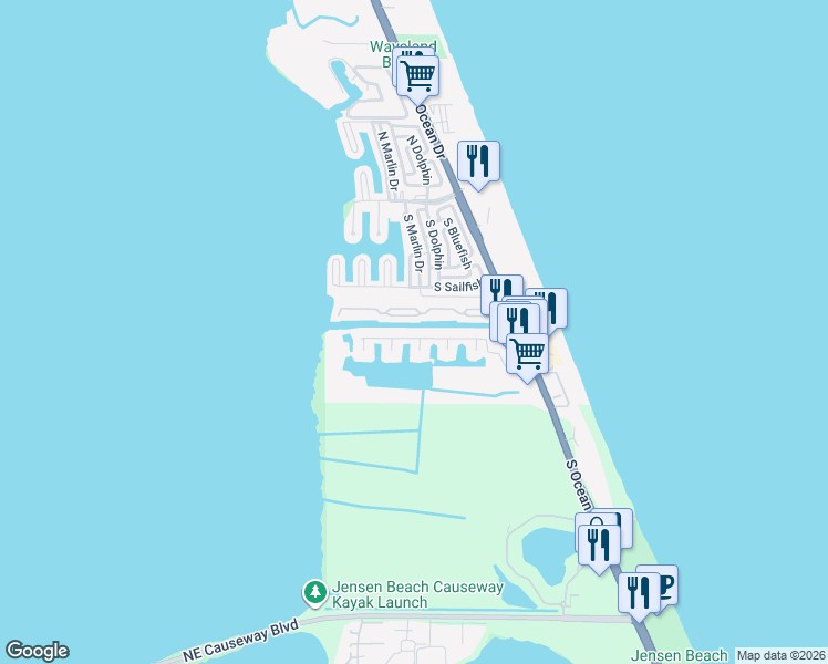 map of restaurants, bars, coffee shops, grocery stores, and more near 70 Aqua Ra Drive in Jensen Beach