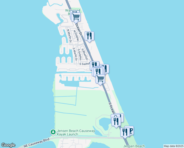 map of restaurants, bars, coffee shops, grocery stores, and more near 20 Aqua Ra Drive in Jensen Beach