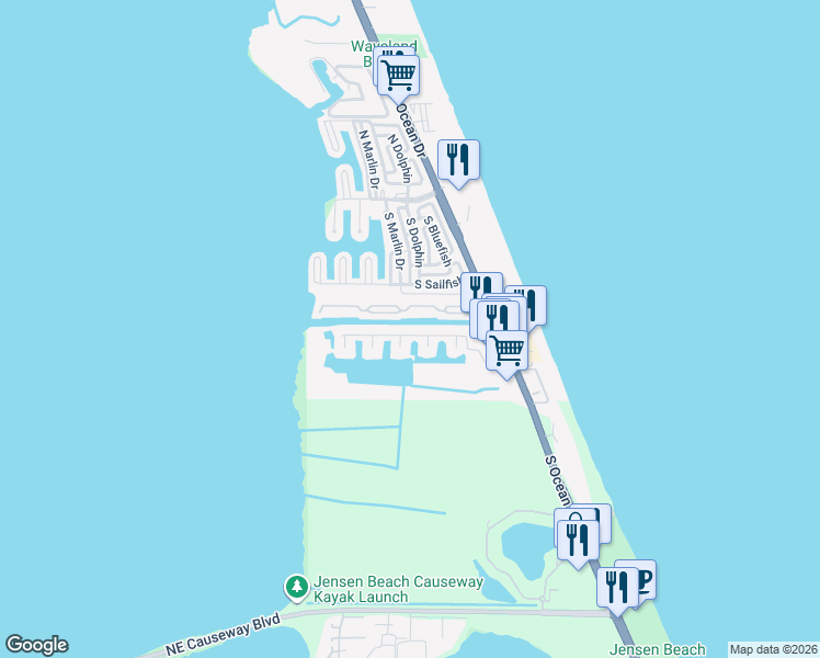 map of restaurants, bars, coffee shops, grocery stores, and more near 70 Aqua Ra Drive in Jensen Beach