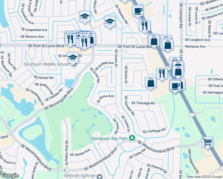 map of restaurants, bars, coffee shops, grocery stores, and more near 2482 Southeast Drayton Road in Port St. Lucie
