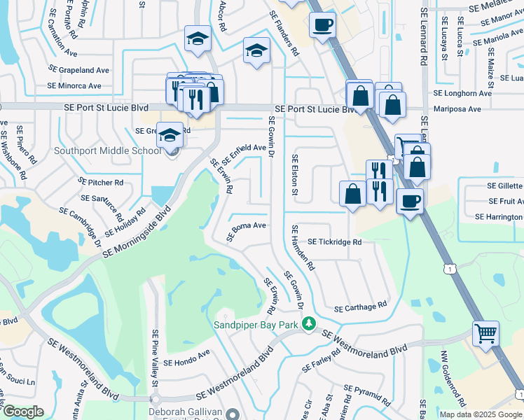 map of restaurants, bars, coffee shops, grocery stores, and more near 2482 Southeast Drayton Road in Port St. Lucie
