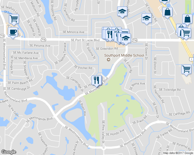 map of restaurants, bars, coffee shops, grocery stores, and more near 1649 Southeast Holiday Road in Port St. Lucie