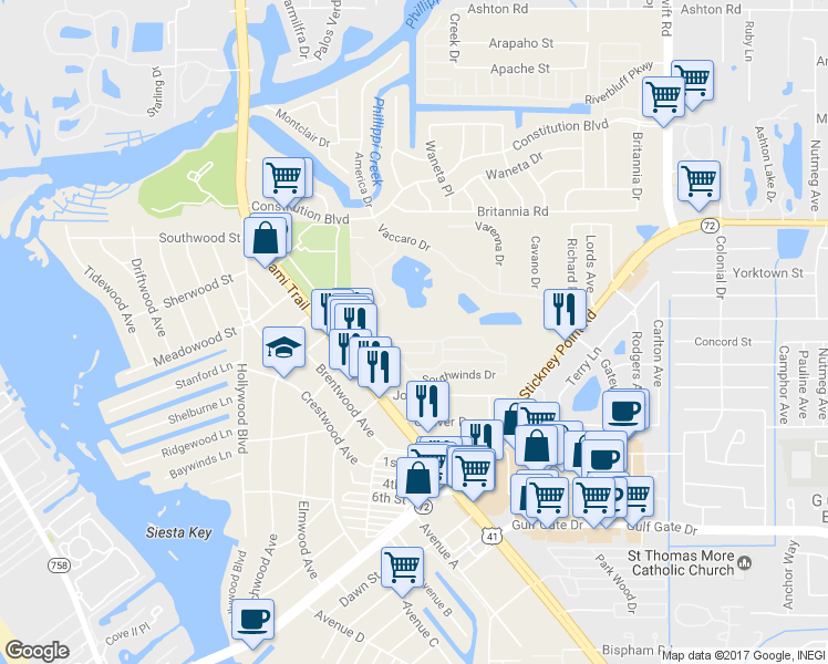 map of restaurants, bars, coffee shops, grocery stores, and more near 87 Southwinds Drive in Sarasota