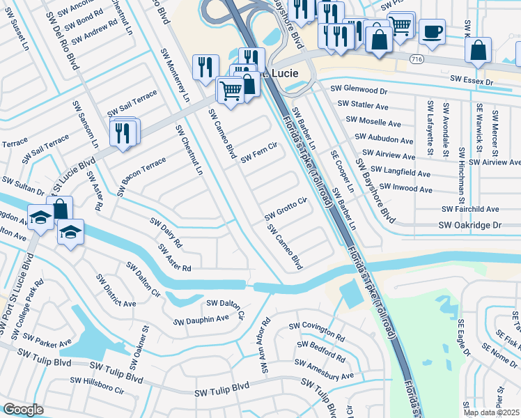 map of restaurants, bars, coffee shops, grocery stores, and more near 2585 Southwest Cameo Boulevard in Port St. Lucie