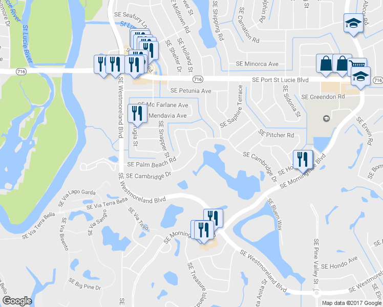 map of restaurants, bars, coffee shops, grocery stores, and more near 1257 Southeast Cambridge Drive in Port St. Lucie