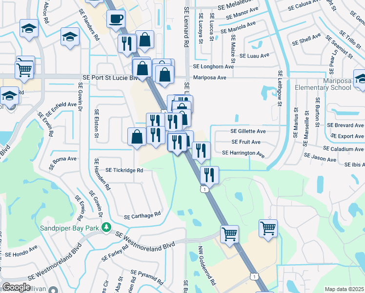 map of restaurants, bars, coffee shops, grocery stores, and more near US-1 & SE Lennard Rd in Port St. Lucie