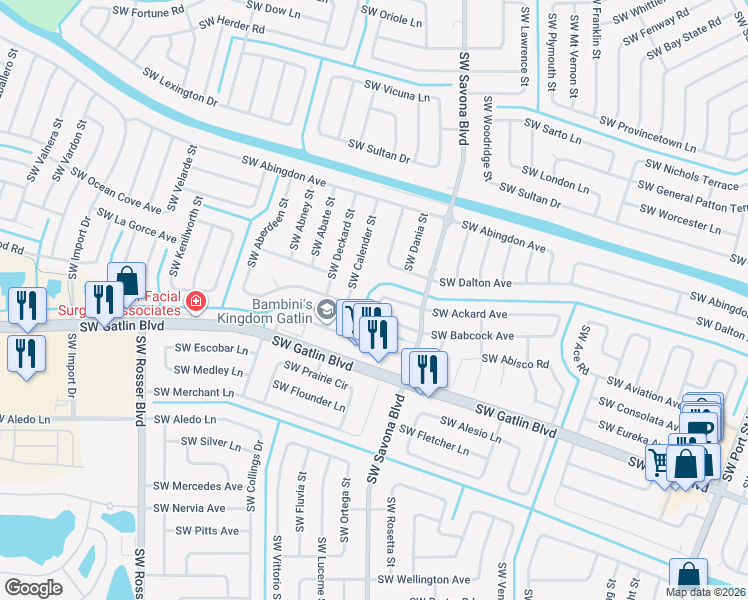 map of restaurants, bars, coffee shops, grocery stores, and more near 2626 Southwest Calder Street in Port St. Lucie