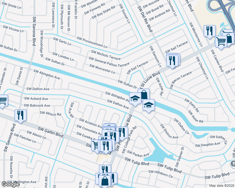 map of restaurants, bars, coffee shops, grocery stores, and more near 873 Southwest Abingdon Avenue in Port St. Lucie