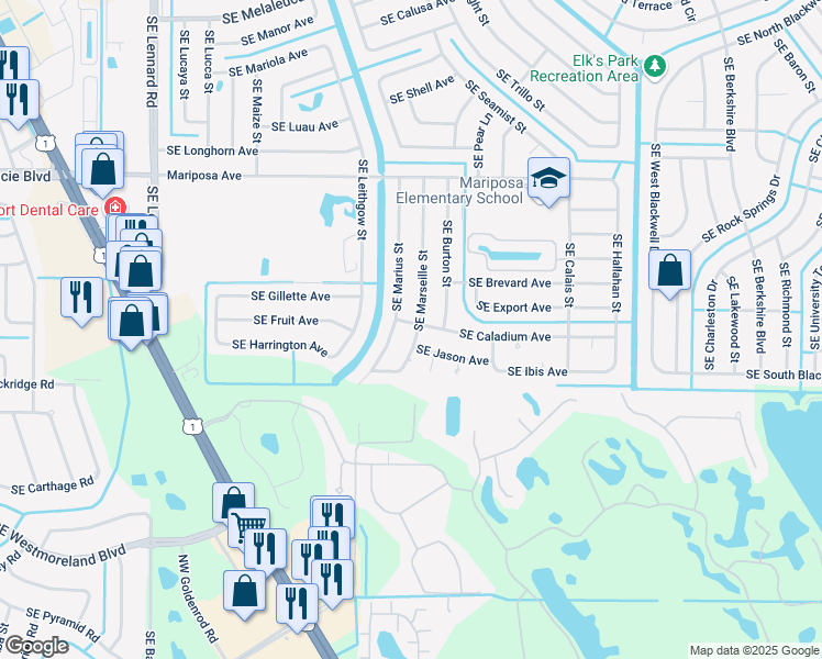 map of restaurants, bars, coffee shops, grocery stores, and more near 2521 Southeast Marius Street in Port St. Lucie