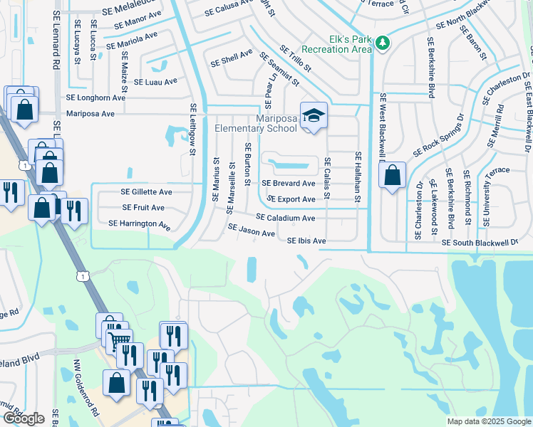map of restaurants, bars, coffee shops, grocery stores, and more near 2571 Southeast Caladium Avenue in Port St. Lucie