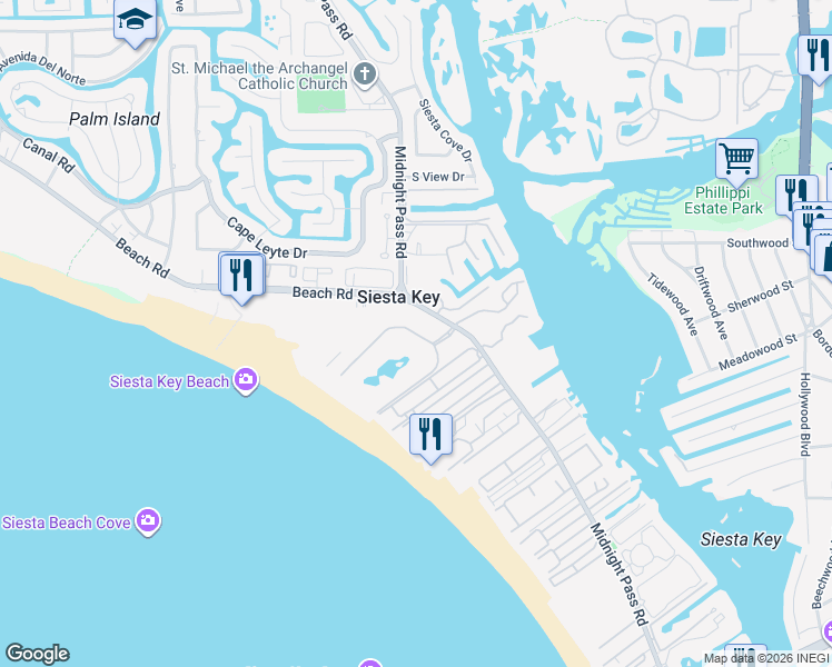 map of restaurants, bars, coffee shops, grocery stores, and more near 5802 Midnight Pass Road in Sarasota