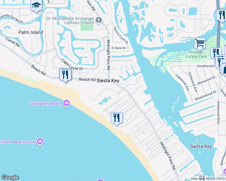 map of restaurants, bars, coffee shops, grocery stores, and more near 5770 Midnight Pass Road in Sarasota