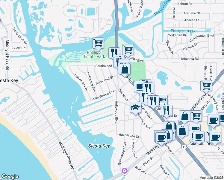 map of restaurants, bars, coffee shops, grocery stores, and more near 1851 Meadowood Street in Sarasota