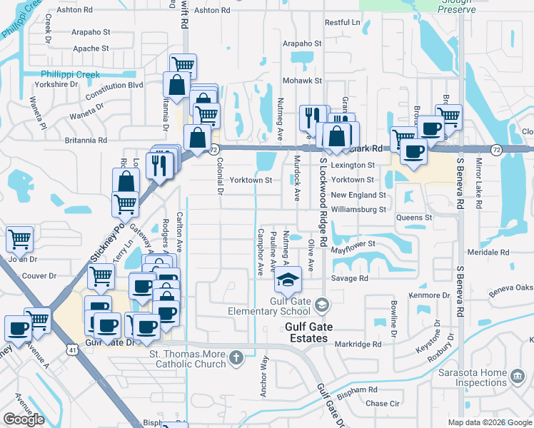 map of restaurants, bars, coffee shops, grocery stores, and more near 3035 Concord Street in Sarasota