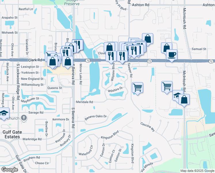 map of restaurants, bars, coffee shops, grocery stores, and more near 3803 Wilshire Drive in Sarasota