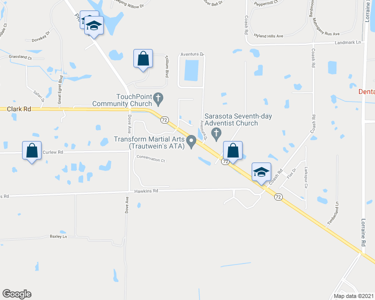 map of restaurants, bars, coffee shops, grocery stores, and more near 7754 State Road 72 in Sarasota