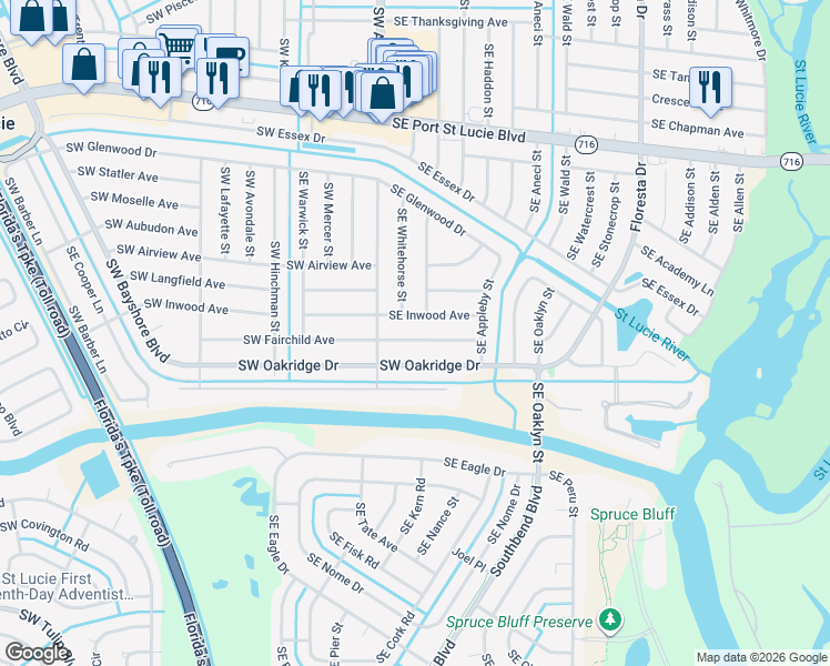 map of restaurants, bars, coffee shops, grocery stores, and more near 428 Southeast Fairchild Avenue in Port St. Lucie
