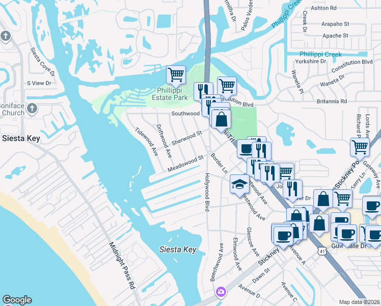 map of restaurants, bars, coffee shops, grocery stores, and more near 1851 Meadowood Street in Sarasota