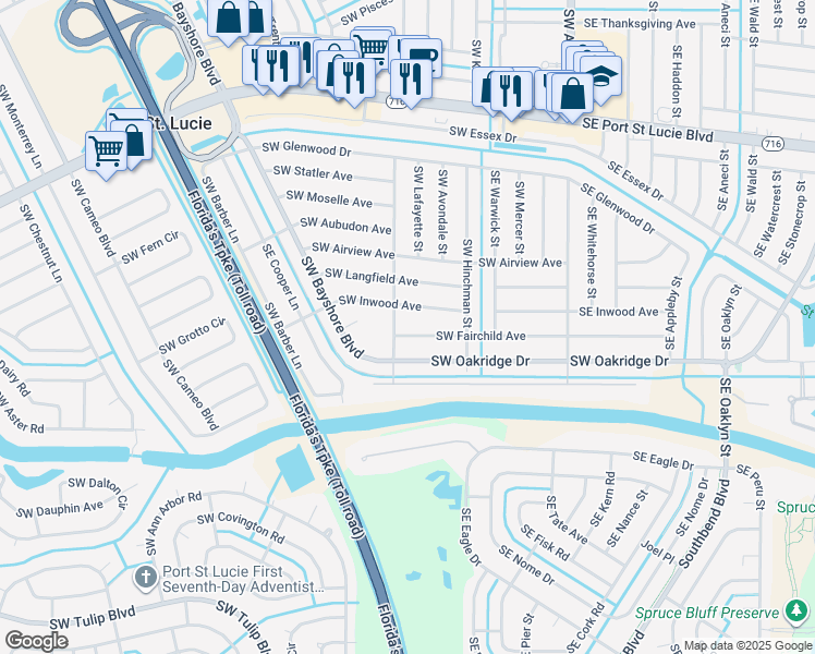 map of restaurants, bars, coffee shops, grocery stores, and more near 282 Southwest Fairchild Avenue in Port St. Lucie