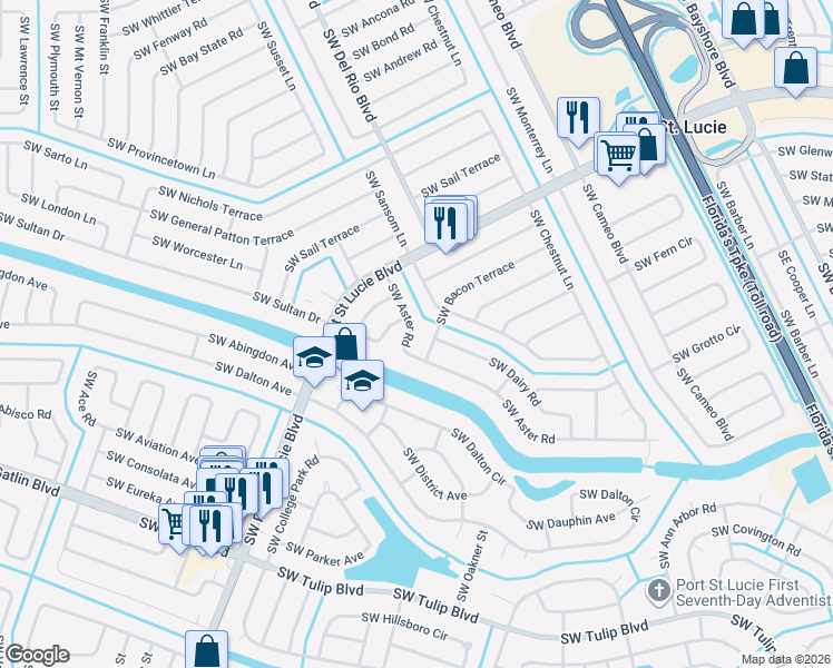 map of restaurants, bars, coffee shops, grocery stores, and more near 701 Southwest Aster Road in Port St. Lucie