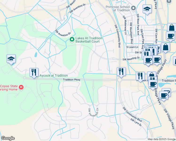 map of restaurants, bars, coffee shops, grocery stores, and more near 10940 Southwest Dardanelle Drive in Port St. Lucie