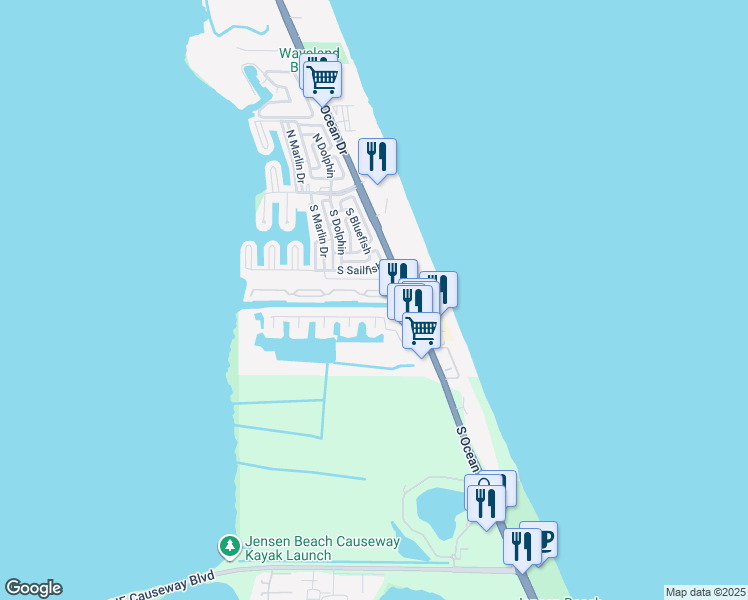 map of restaurants, bars, coffee shops, grocery stores, and more near 10851 South Ocean Drive in Jensen Beach