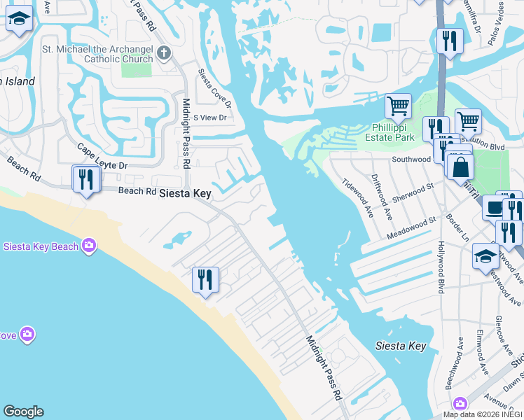 map of restaurants, bars, coffee shops, grocery stores, and more near 5855 Midnight Pass Road in Siesta Key