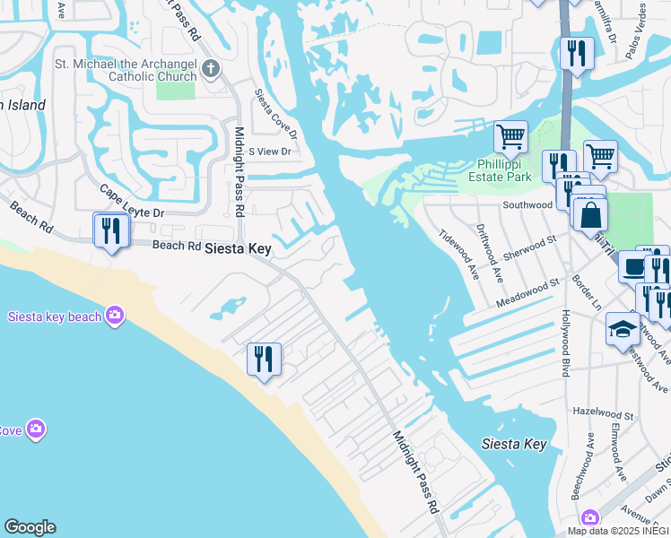 map of restaurants, bars, coffee shops, grocery stores, and more near 5855 Midnight Pass Road in Siesta Key