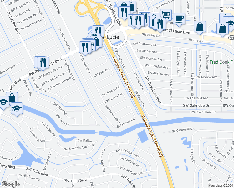 map of restaurants, bars, coffee shops, grocery stores, and more near 2529 Southwest Grotto Circle in Port St. Lucie