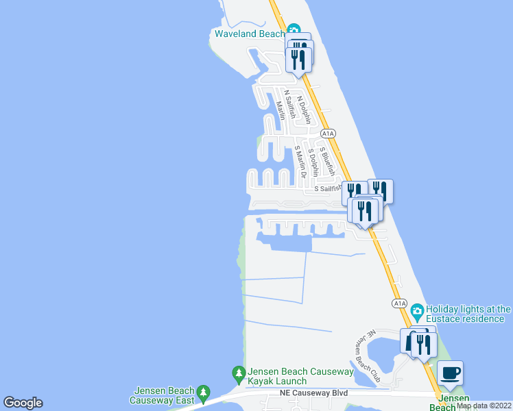 map of restaurants, bars, coffee shops, grocery stores, and more near 10851 South Ocean Drive in Jensen Beach