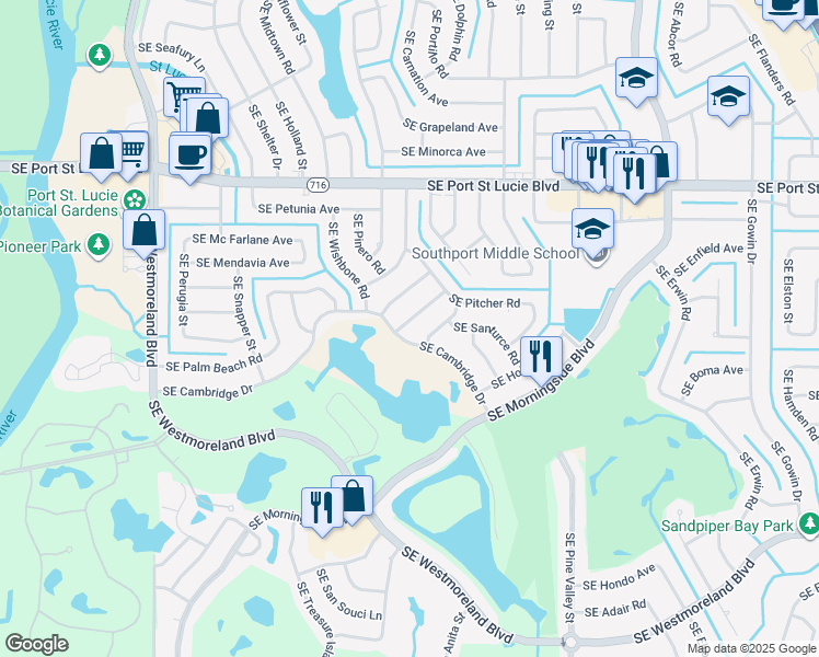 map of restaurants, bars, coffee shops, grocery stores, and more near 1501 Southeast Cambridge Drive in Port St. Lucie