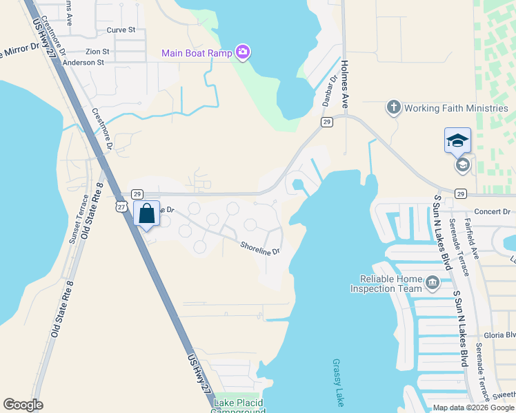 map of restaurants, bars, coffee shops, grocery stores, and more near 56 Beachfront Lane in Lake Placid