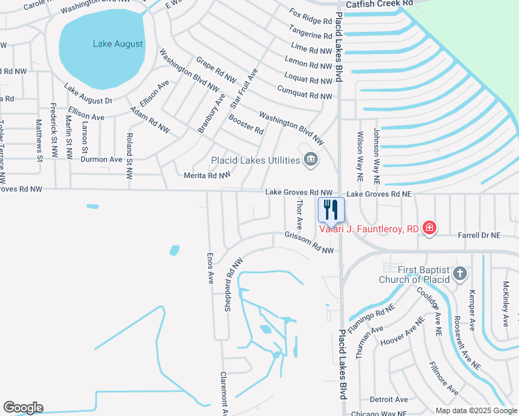 map of restaurants, bars, coffee shops, grocery stores, and more near 109 Atlas Court Northwest in Lake Placid