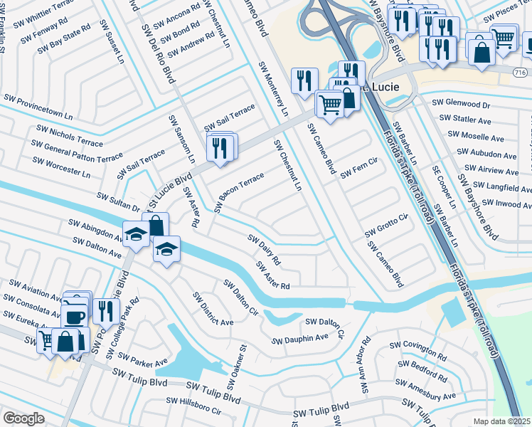 map of restaurants, bars, coffee shops, grocery stores, and more near 561 Southwest Banks Terrace in Port St. Lucie