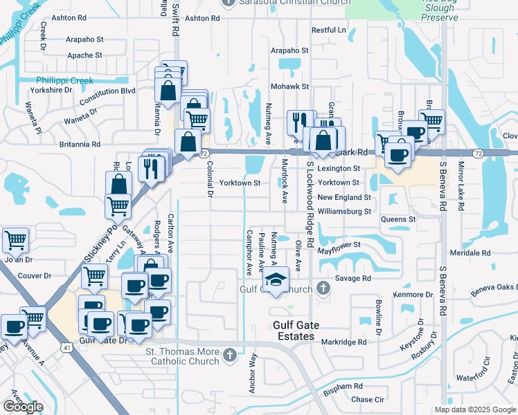 map of restaurants, bars, coffee shops, grocery stores, and more near 3053 New England Street in Sarasota