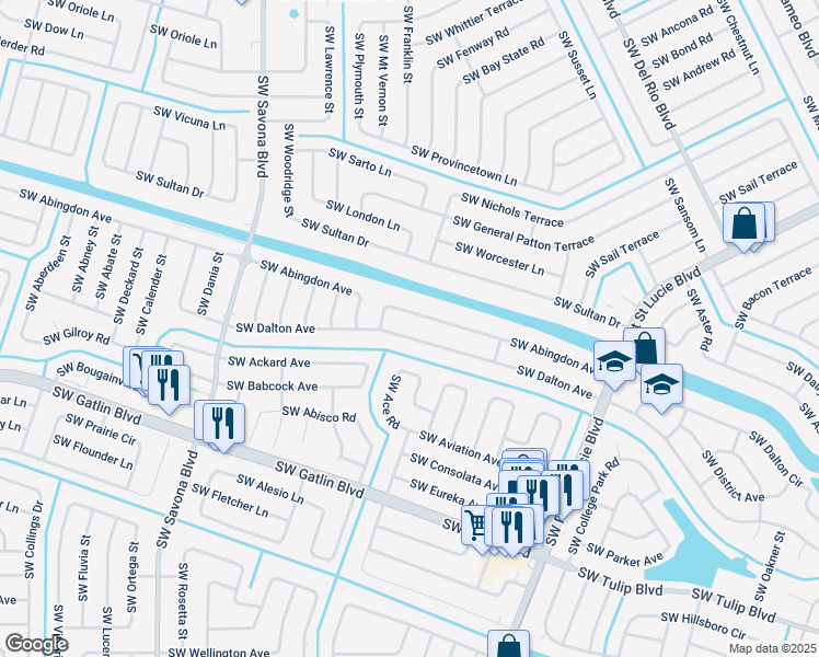 map of restaurants, bars, coffee shops, grocery stores, and more near 1074 Southwest Abingdon Avenue in Port St. Lucie
