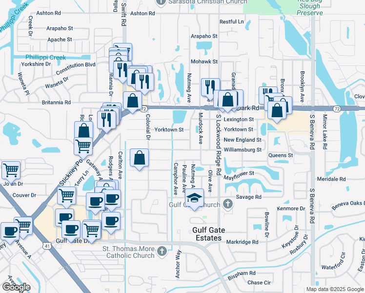 map of restaurants, bars, coffee shops, grocery stores, and more near 3053 New England Street in Sarasota
