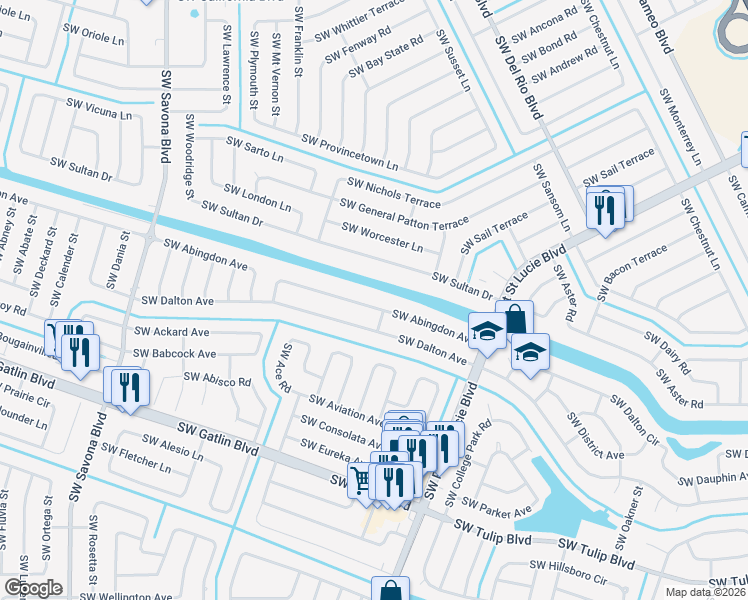map of restaurants, bars, coffee shops, grocery stores, and more near 957 Southwest Abingdon Avenue in Port St. Lucie