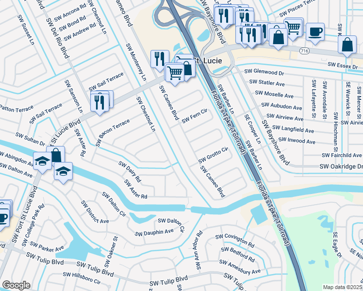 map of restaurants, bars, coffee shops, grocery stores, and more near 2526 Southwest Cameo Boulevard in Port St. Lucie